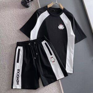 Moncler Black Embroidered LOGO T-Shirt And Short Sets In Cotton